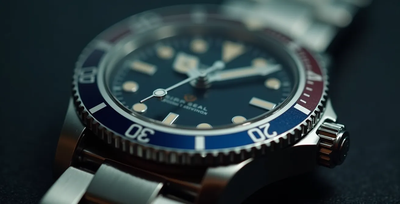 Gros plan sur la lunette rotative et la couronne vissée d'une montre de plongée