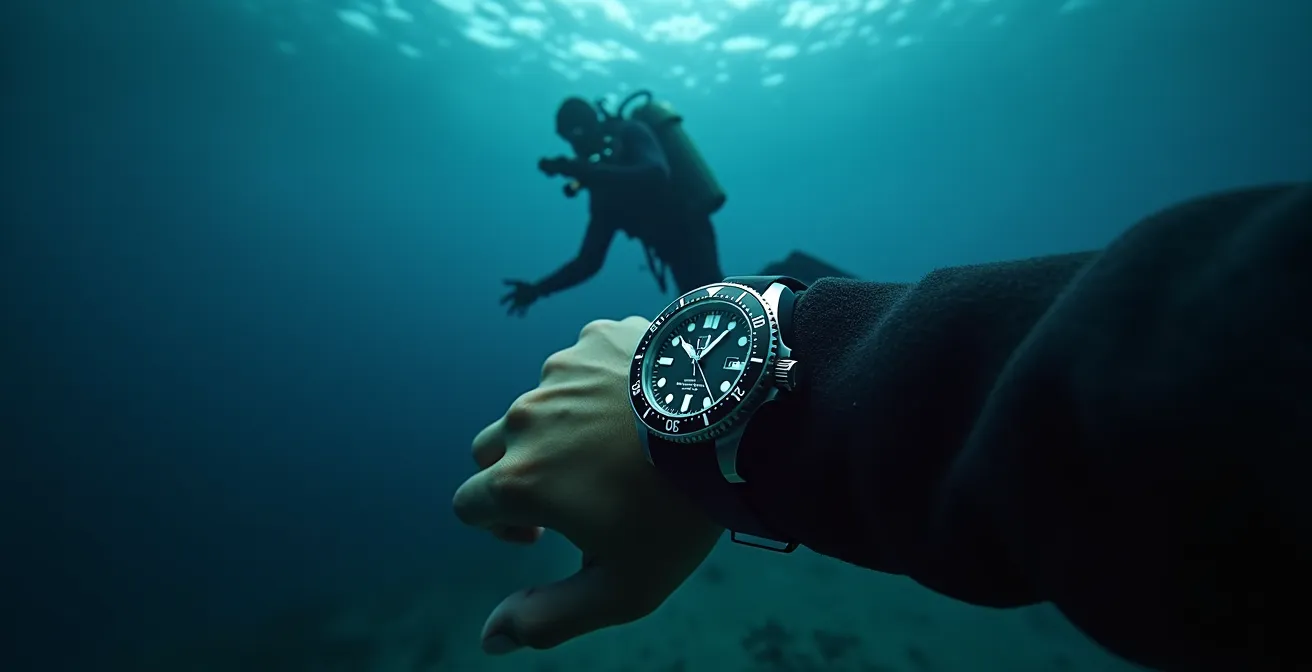 Montre de plongée robuste sous l'eau avec un plongeur en arrière-plan