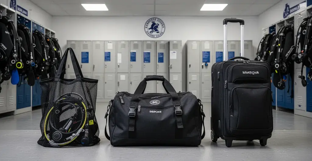 Trois sacs de plongée différents côte à côte dans un local de club