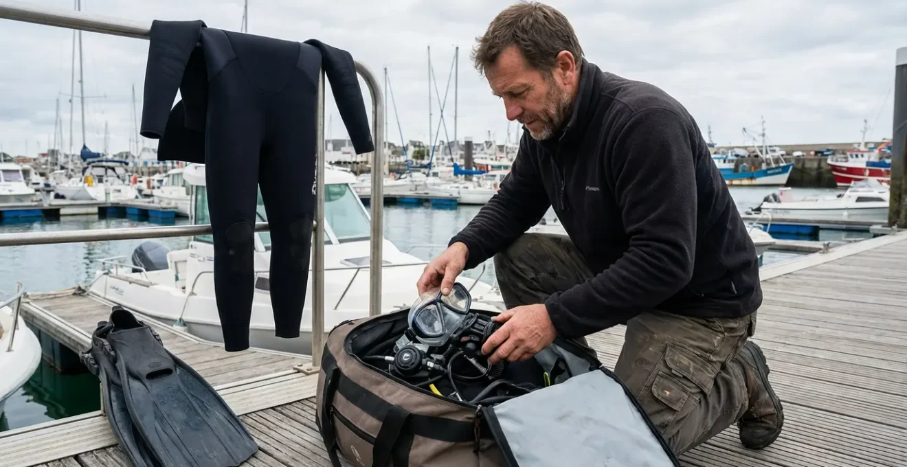 Plongeur organisant son équipement de plongée dans un sac de voyage ouvert