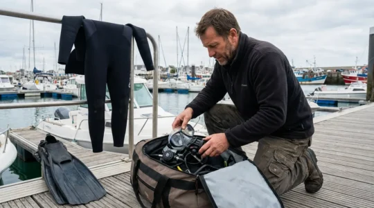 Plongeur organisant son équipement de plongée dans un sac de voyage ouvert