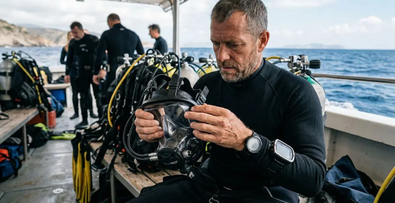 Plongeur technique ajustant un masque intégral Ocean Reef avant une plongée profonde