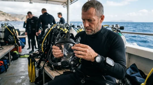 Plongeur technique ajustant un masque intégral Ocean Reef avant une plongée profonde