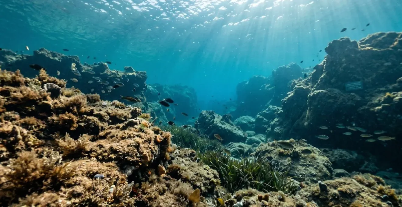 Paysage sous-marin d'un récif rocheux méditerranéen avec formation rocheuse naturelle, éclairage ambiant bleu-vert et vie marine en arrière-plan, sans présence humaine au premier plan