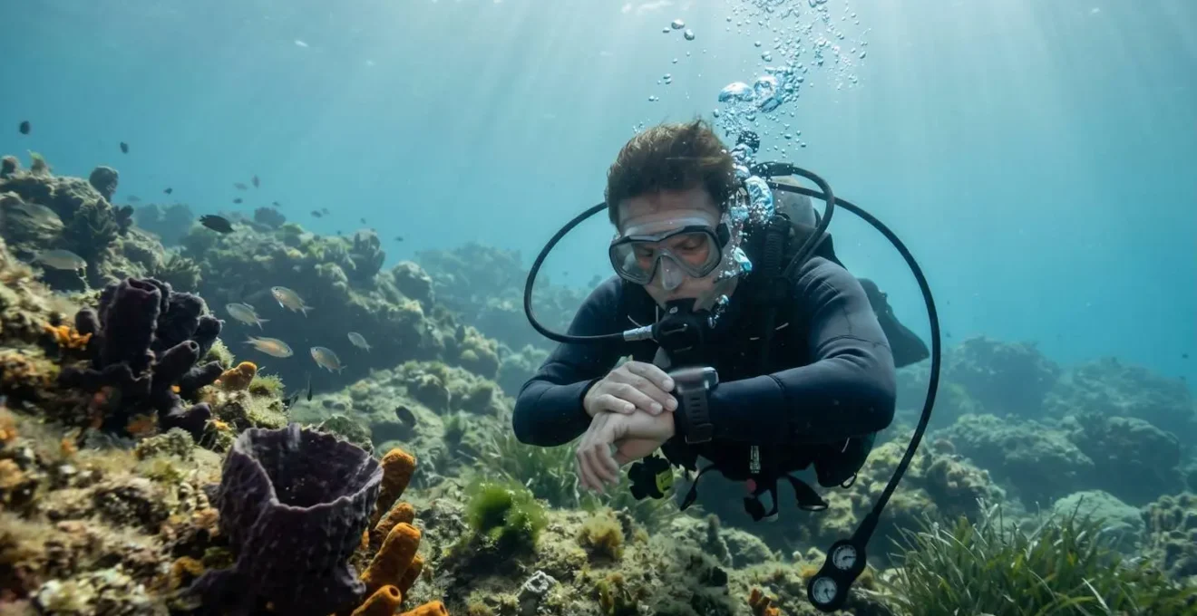 Un plongeur en combinaison moderne consulte son ordinateur de plongée au poignet en position horizontale dans un environnement de récif méditerranéen éclairé par la lumière naturelle filtrée
