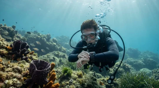 Un plongeur en combinaison moderne consulte son ordinateur de plongée au poignet en position horizontale dans un environnement de récif méditerranéen éclairé par la lumière naturelle filtrée